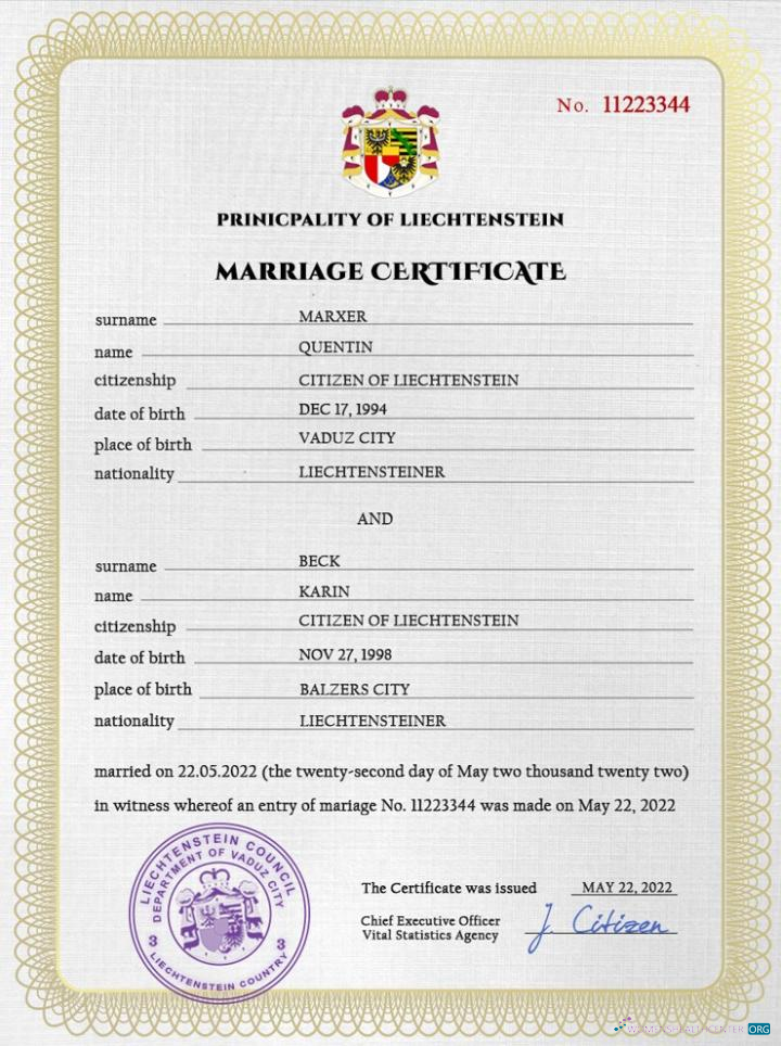 Download Liechtenstein marriage certificate PSD template Photoshop template